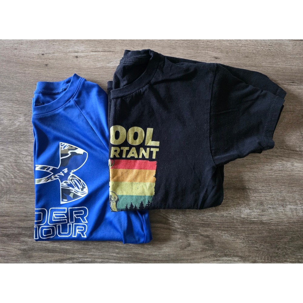 Under Armour‎ Boys Blue Camo Logo Shirt & Black Hunting Graphic Tee Bundle YMD